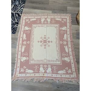 VTG Cottagecore Kitty Cats Tapestry Throw Blanket Fringe Pink/White